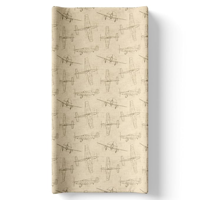 Airplane Diaper Changing Pad Cover, Tan Brown Flying Aviation Baby Boy Nursery, Soft Cotton Infant Changing Pad Cover, Fits Standard Changing Pads, Vintage Airplane Design