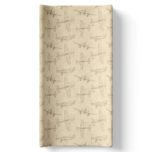 Airplane Diaper Changing Pad Cover, Tan Brown Flying Aviation Baby Boy Nursery, Soft Cotton Infant Changing Pad Cover, Fits Standard Changing Pads, Vintage Airplane Design