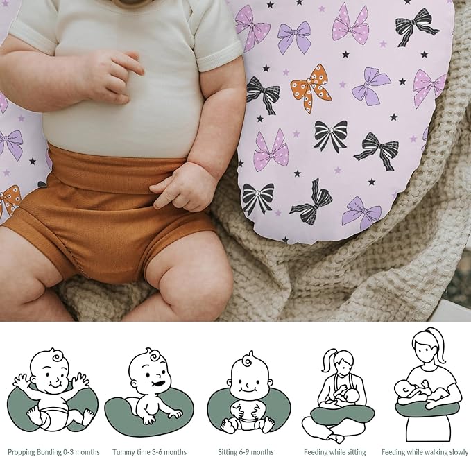 Pastel Halloween Bows Baby Nursing Pillow Covers for Boy Girl Spooky Sweet Bows Stars Nursery Pillowcase for Breastfeeding Pillows Cute Girly Ribbons Soft Stretchy Slipcovers for Newborn Infant