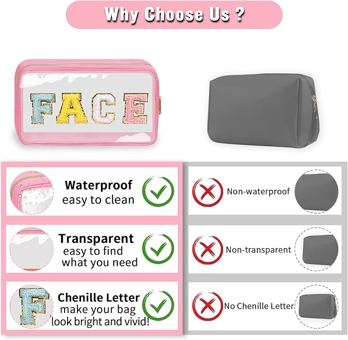 Chenille Letter Clear Makeup Bags Face Pouch, Preppy Patch Makeup Bag with Zipper, Transparent PVC & Nylon Waterproof Portable Glitter Cosmetic Bag Travel Toiletry Storage for Women Girl(FACE-Pink)
