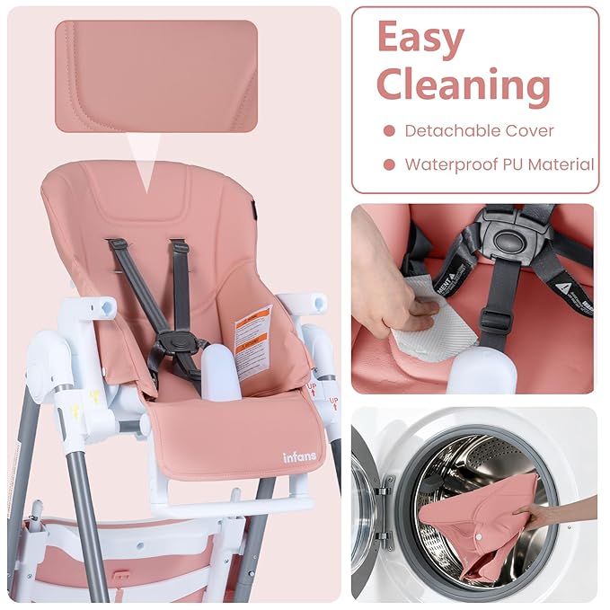 INFANS High Chair for Babies and Toddlers, Foldable Highchair with 7 Different Heights 4 Reclining Backrest Seat 3 Setting Footrest, Removable Tray Built-in Rear Wheels with Locks