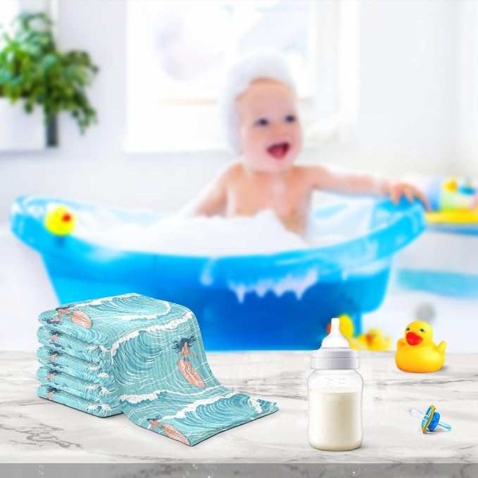 vvfelixl Baby Muslin Washcloths Summer Girl Surfing Baby Burp Cloths Cotton Babys Face Towel for Newborn Infants Boys Girls Soft and Absorbent 11.8 X 11.8 in, 3 Pack