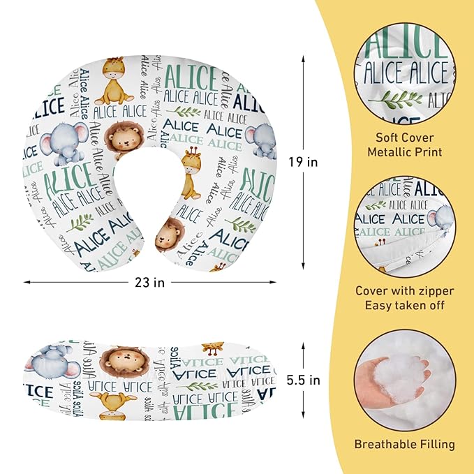 Baby Nursing Pillow Cover - Personalized Name Breastfeeding Pillow Cover with Lion Pattern, Stretchy Removable U-Shaped for New Moms, Soft Breathable Slipcover for Infant Boys Girls