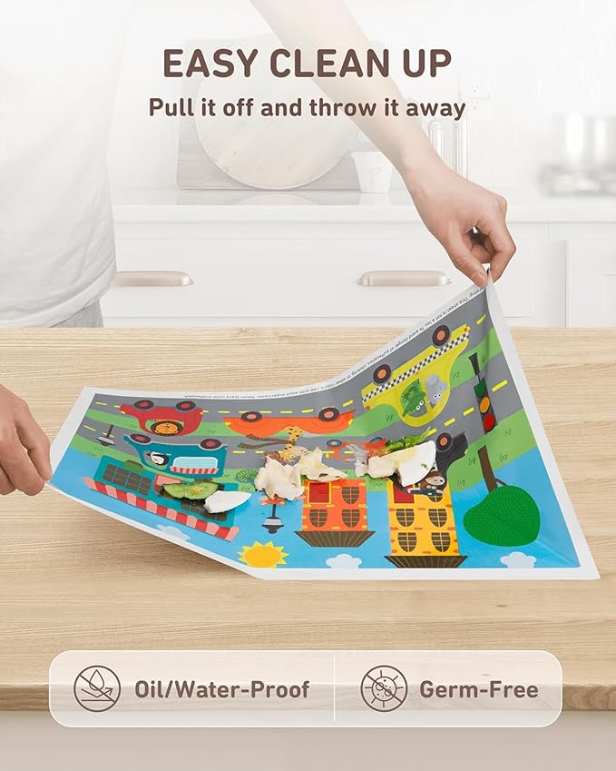 Babebay Disposable Stick-on Placemats 40 Pack for Baby & Kids & Toddler, Sticky Placemats Restaurant Table Mats 12" x 18" (Animals Driving Cars)