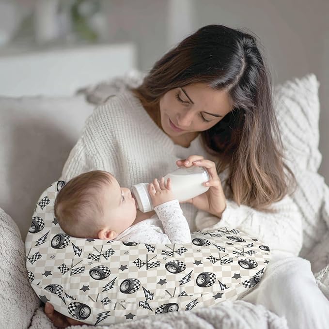 Cute Race Car Flag Black and White Plaid Nursing Pillow Cover Stretchy and Soft for Baby Girls Boys Tire Checkered Stars Vehicles Nursing Cover for Breastfeeding for Newborn Infant