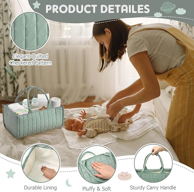 Huhumy Checkered Baby Diaper Caddy, Puffy Nursery Storage Organizer for Diapers & Babies Wipes, Large Quilted Tote Bag for Newborn Essentials Boy or Girl, Gift for Baby Shower Registry (Sage Green)