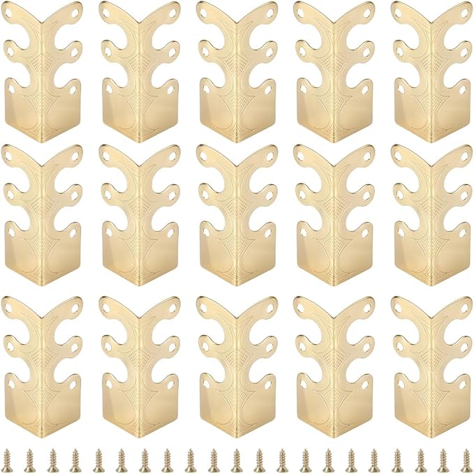 CRASPIRE 16Pcs Baseboard Corner Protectors Vintage Metal Rustic Decorative Guards Skirting Board Golden Safety Bracket with Screws for Wood Furniture Table Wall Edge Cover File Boxes Bookshelves