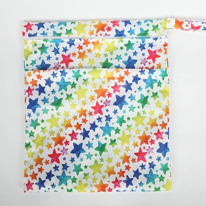 2 Wet Bags Waterproof With Two Zippered Pockets For Cloth Diapers (Jeans and Rainbow)