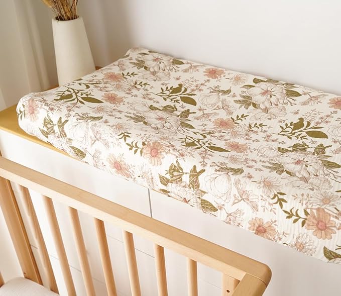 2 Pack Muslin Changing Pad Covers for Boys, Ultra Soft & Breathable Cotton Baby Diaper Changing Table Covers, Neutral Nursery Diaper Changing Pad Sheets (Vintage Blossom)