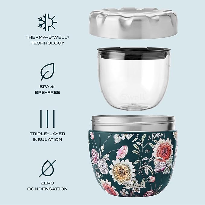 S'well Eats Stainless Steel Food Bowls, 21.5oz, Midnight Botanical, Triple-Layered Vacuum-Insulated Containers Keeps Food Cold for 11 Hours and Hot for 7 hours, Condensation Free, BPA Free, Leakproof