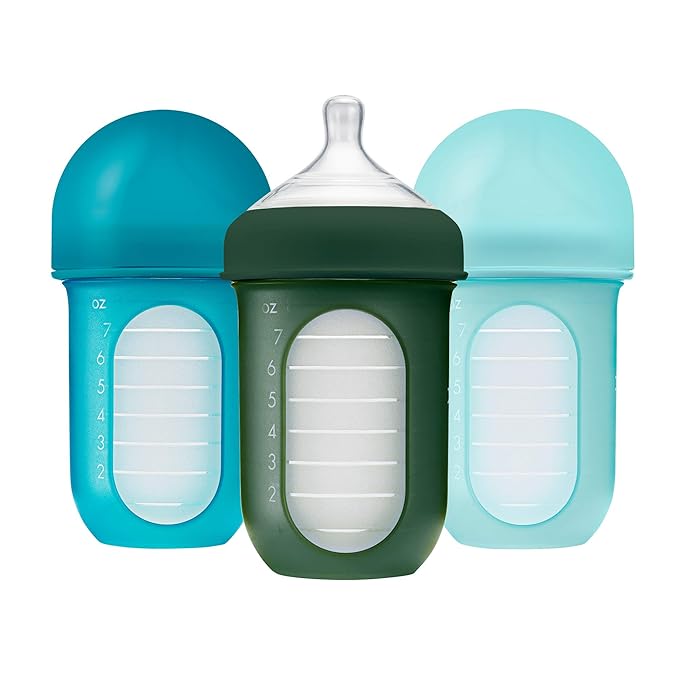 Boon NURSH Reusable Silicone Baby Bottles & NURSH Storage Buns (Pack of 3), Blue-White,3 Count (Pack of 1) & NURSH Silicone Replacement Nipple (Pack of 3)