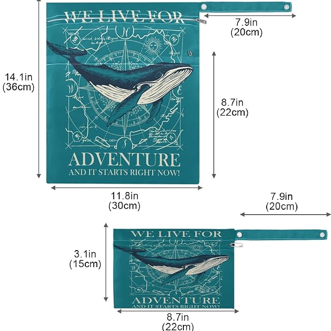 visesunny Blue Whale Adventure 2Pcs Wet Bag with Zippered Pockets Washable Reusable Roomy for Travel,Beach,Pool,Daycare,Stroller,Diapers,Dirty Gym Clothes, Wet Swimsuits, Toiletries