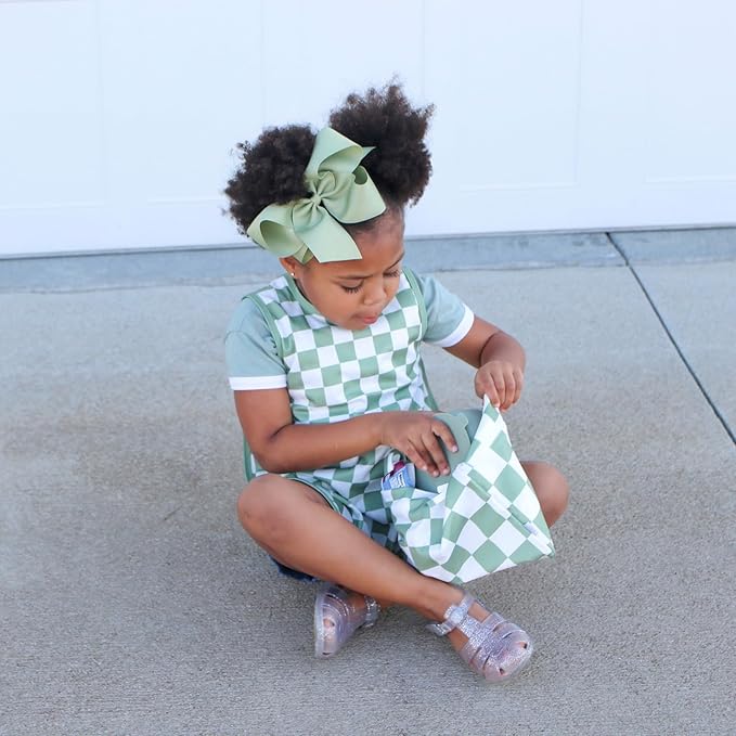 BapronBaby Floral/Nature Wet Dry Bag - Waterproof Two Zipper Pockets - Reusable for Mealtime, Diapers, Stroller, Snacks, Swimsuits 11" x 9" (Sage Checkerboard, 11" x 9")