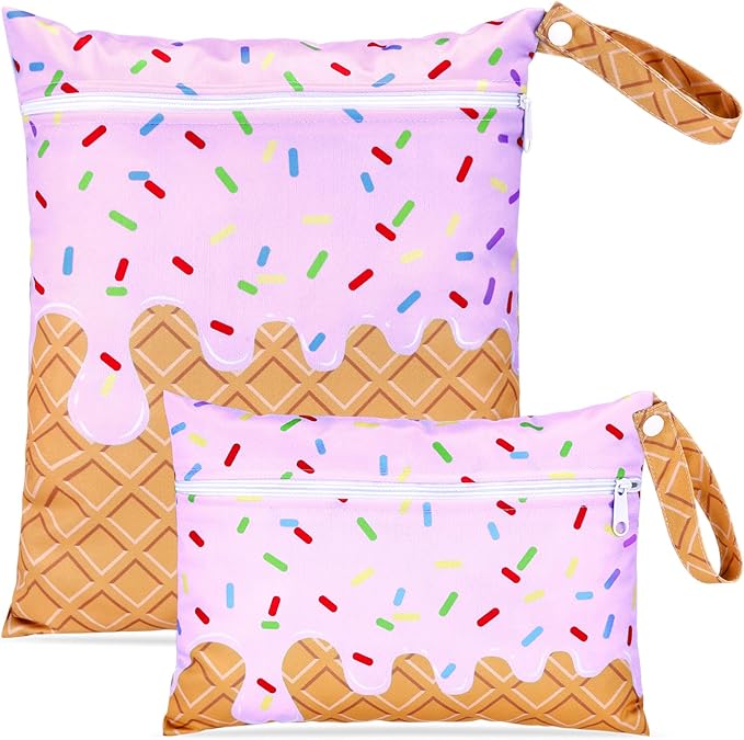 SATINIOR 2 Pack Wet Dry Bags Ice Cream Waterproof Pouch Large & Small Makeup Bag Baby Wet Bags Zipper Pouch for Baby Women Diapers Cloth