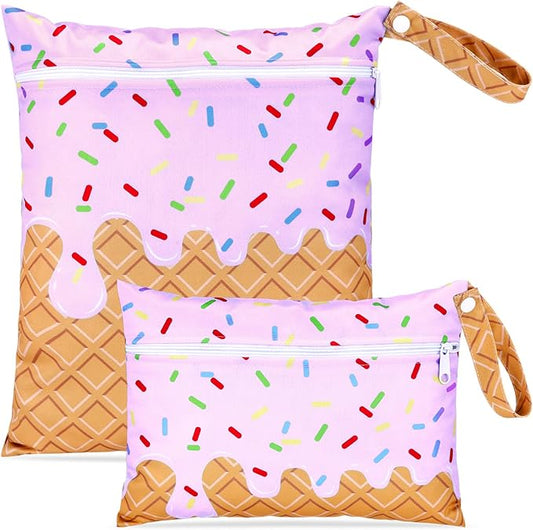 SATINIOR 2 Pack Wet Dry Bags Ice Cream Waterproof Pouch Large & Small Makeup Bag Baby Wet Bags Zipper Pouch for Baby Women Diapers Cloth