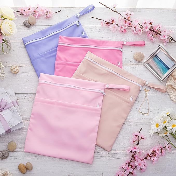 SATINIOR 4 Pack Wet Dry Bags for Baby Cloth Diapers 12x14 Washable Travel Swimsuit Wet Bags Reusable with Two Zippered Pockets for Yoga Gym Swimsuits Travel Beach Pool Soiled Items(Mermaid Color)
