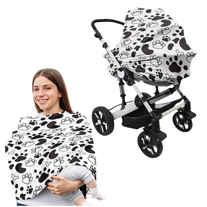 Dog Paws Print Baby Carseat Stroller Cover with U-Shaped Pillowcase for Boys Girls, Infant Toddler Privacy Nursing Breastfeeding Canopy, Grocery Shopping Cart Covers, 2 Piece
