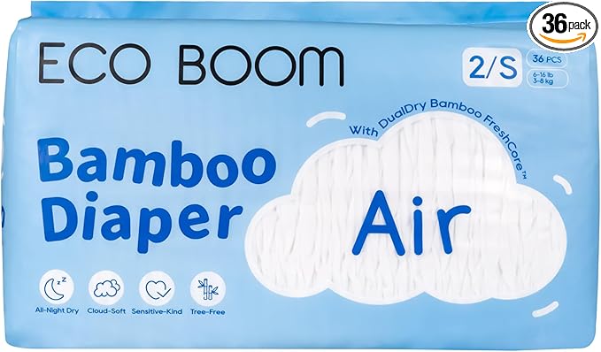 ECO BOOM Air Diapers, Tree-Free & Gentle for Sensitive Skin, Ultra Soft & Breathable, Reliable Overnight Protection, Size 2, 6-16 lbs