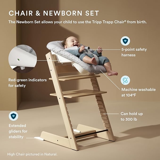 Stokke Tripp Trapp High Chair 2 (White) + Newborn Set + Cushion 2 (Nordic Grey) + Stokke Tray (White) - Includes Chair & Baby Set with Removable Harness for Children 6-36 Months