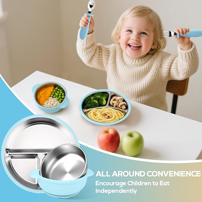 Mity rain Stainless Steel & Silicone Toddler Plates and Bowls Set with Suction,5-Piece Suction Plates & Bowls for Toddler,Removable Shell,Silicones Baby Plates for Independent Eating(Light Blue) ﻿