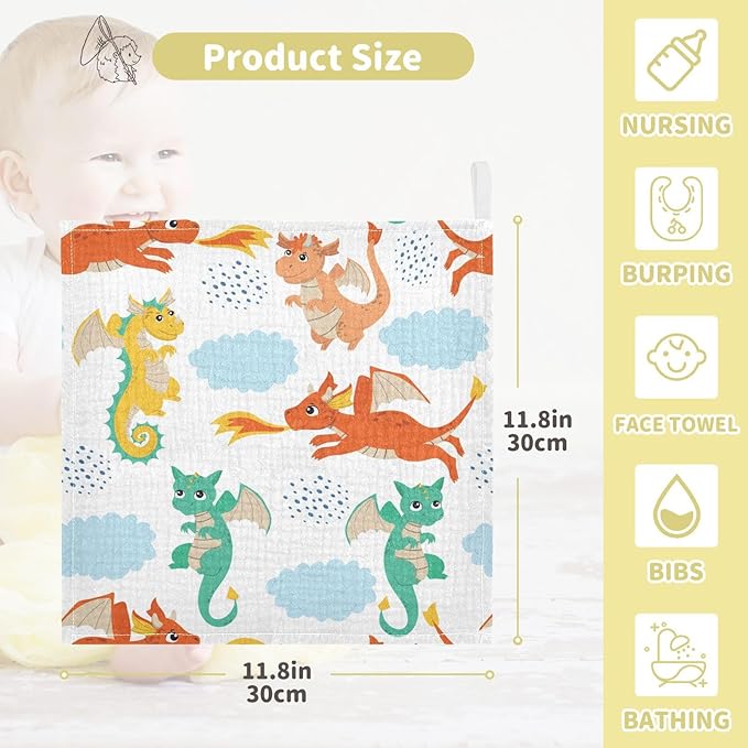 vvfelixl Baby Muslin Washcloths Flying Dragons Baby Burp Cloths Cotton Baby Face Towel for Newborn Infants Boys Girls Soft and Absorbent 11.8 X 11.8 in, 3 Pack
