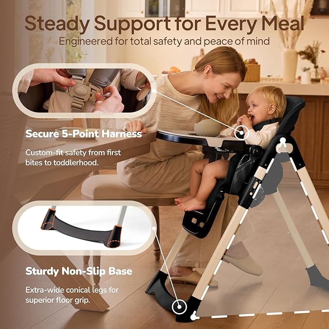 Tinyiota 4 in 1 High Chair for Babies and Toddlers with Wheels, 8-Height Adjustable & 3-Position Recline, Easy Clean, Dishwasher Removable Tray, Foldable HighChair for Infant, Meets ASTM Safety, Black