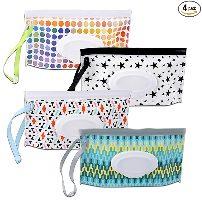 FEBSNOW 4 Pack Baby Wipe Dispenser, Portable Wet Wipe Holder Container, Reusable Wipes Dispenser Cases, Lightweight Travel Wet Wipe Pouch