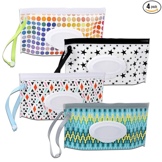 FEBSNOW 4 Pack Baby Wipe Dispenser, Portable Wet Wipe Holder Container, Reusable Wipes Dispenser Cases, Lightweight Travel Wet Wipe Pouch