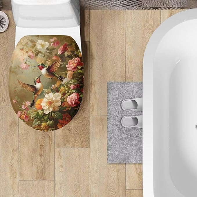 Hummingbird with Flower Toilet Seat Lid Cover Water Absorbent Toilet Seat Covers for Bathroom Protector Cover Keep Clean Tidy Universal for Most Toilet Bowl Lids