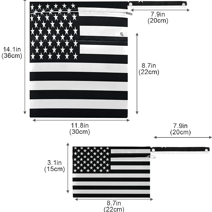visesunny Black White American Flag 2Pcs Wet Bag with Zippered Pockets Washable Reusable Roomy for Travel,Beach,Pool,Daycare,Stroller,Diapers,Dirty Gym Clothes, Wet Swimsuits, Toiletries
