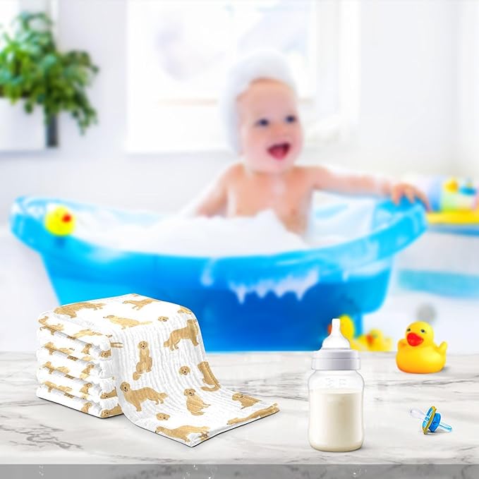 vvfelixl Baby Cotton Washcloths Golden Retriever Dogs Infants Bath Towel for Unisex Goldies Puppy Face Towels for Newborn, Natural Baby Wipes Delicate Skin, 11.8 X 11.8 inch, one sizex5