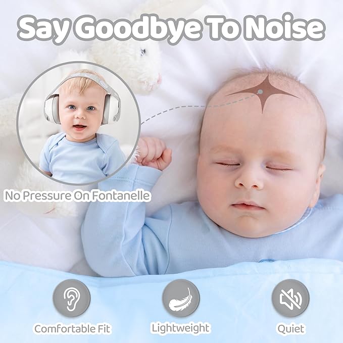 Baby Earmuffs 25dB NRR – Noise Cancelling Headphones for Babies 0-36 Months | Fontanel-Safe Adjustable Headband | Infant Ear Protection for Airplane,Fireworks,Concerts | Foldable with Storage Bag
