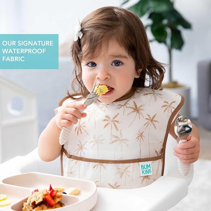 Bumkins Bibs for Girl or Boy, SuperBib Baby and Toddler for 6-24 Months, Essential Must Have for Eating, Feeding, Baby Led Weaning Supplies, Mess Saving Catch Food, 3-pk Palms and Checks