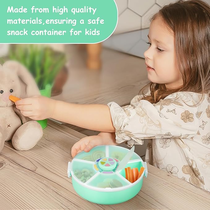 JOOPE Talk Kids Reusable Rotating Snack Container with 5 Separate Compartments, ColorMatching Opening Lid,BPA/PVC-Free, Dishwasher Safe, Perfect for Travel, School Lunches& On-The-Go Snacking-Green
