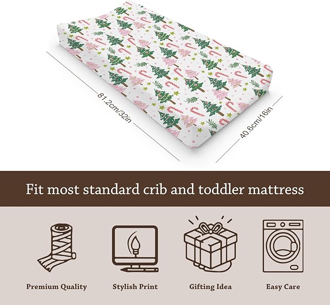 Soft 2 Pack Christmas Tree Winter Holiday Snowflake Leaf Pattern Baby Changing Pad Covers for Infant Newborn, Unisex Christmas Nursery Fitted Diaper Changing Table Pad Mat Sheets for Boys Girls-16x32