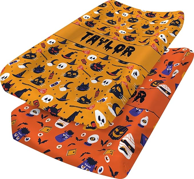 KAINSY Personalized Halloween Pumpkin Ghost Print Changing Pad Cover, Custom Diaper Change Table Sheets with Name, Soft Jersey Knit Change Table Sheets, 2 Pack Changing Pad Covers (16" x 32")