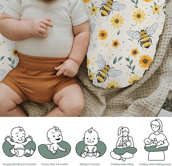 Boho Bees Sunflowers Baby Nursing Pillow Covers for Boy Girl Watercolor Bee Yellow Floral Nursing Pillowcase for Breastfeeding Pillows Spring Summer Soft Stretchy Slipcovers for Newborn Infant