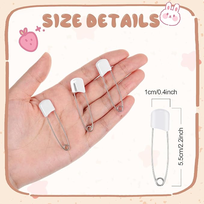 WILLBOND 8 Pcs Diaper Pins Safety 2.2 Inch Plastic Head Cloth Diaper Nappy Pins with Locking Closures Stainless Steel with Velvet Bag (White)