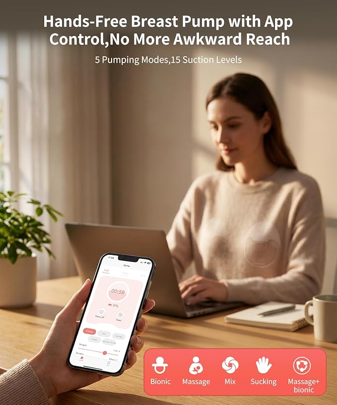 Wearable Breast Pump,Hands-Free Wireless Electric Pump with App-Controlled 5 Modes,15 Adjustable Intensity Settings Lightweight for Office/Driving/Sleeping with 17/19/21 Flange