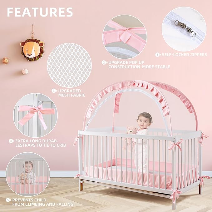 Lazyzzzz Crib Tent - Pop Up Crib Canopy with Double Zipper Self-Locked, Mosquito Net Mesh Crib Net to Keep Baby from Climbing Out, Portable Easy Install 55" L x 27" W x 51" H Pink