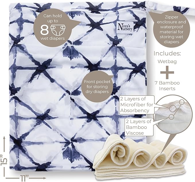 Nora's Nursery Cloth Diapers 7 Pack with 7 Inserts & 1 Wet Bag - Waterproof Cover, Washable, Reusable & One Size Adjustable Pocket Diapers for Newborns and Toddlers - Magnolia