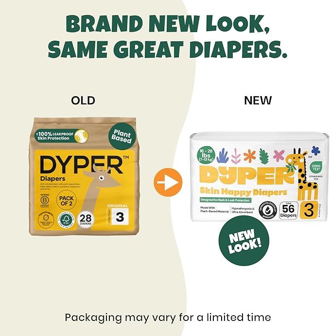 DYPER - Pack of 2 Baby Diapers Size 3 (56 Count) - Leak Proof, Plant Based, Hypoallergenic & Ultra Absorbent Disposable Diaper for Day & Overnight, Skin-Friendly Comfort Size 3 Diapers (16-28 lbs)