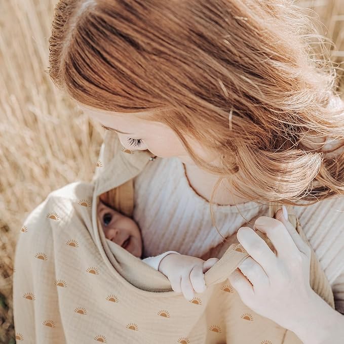 Konssy Muslin Nursing Cover for Baby Breastfeeding, Breathable 100% Cotton Breastfeeding Cover with Rigid Hoop for Mother Nursing Apron, Multi-use Carseat Canopy (Sun)