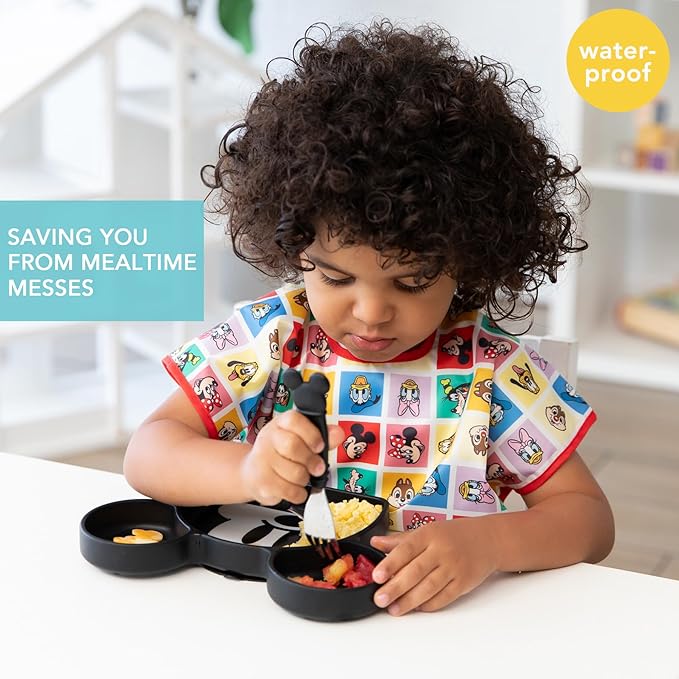 Bumkins Bibs for Girl or Boy, Baby, Toddler and Kids, Essential Must Have for Mess Free Eating, Short Sleeve, Disney Mickey & Friends MVP, 2-pack