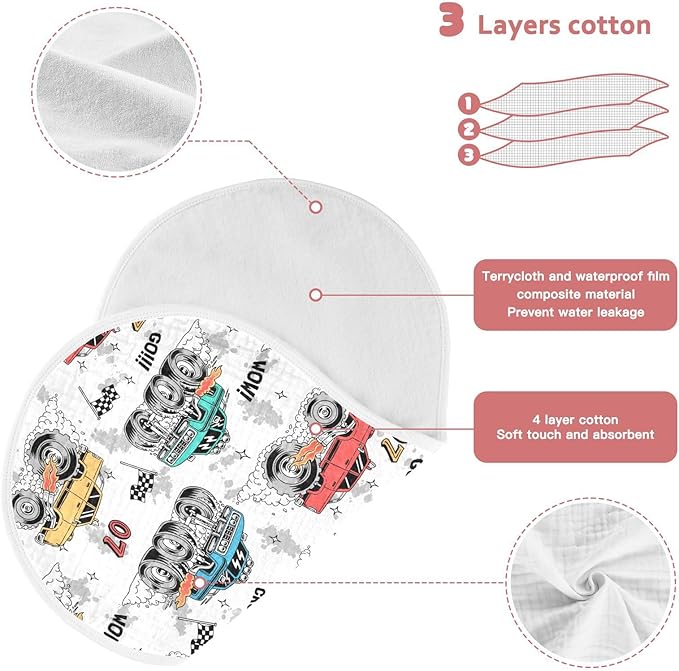 Muslin Burp Cloths for Baby Boys and Girls - 4-Pack Ultra Absorbent Monster Trucks Muslin Washcloths, Newborn Towel, Milk Spit Up Rags, Burp Cloth Bib for Unisex, 22 x 11 Inch