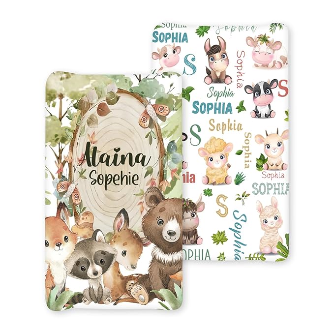 Personalized Baby Changing Pad Cover - 2 Piece Baby Pee Pad Cover Nursery Bedding with Name, Portable Animal Pattern Diaper Changing Pad Gifts for Infant