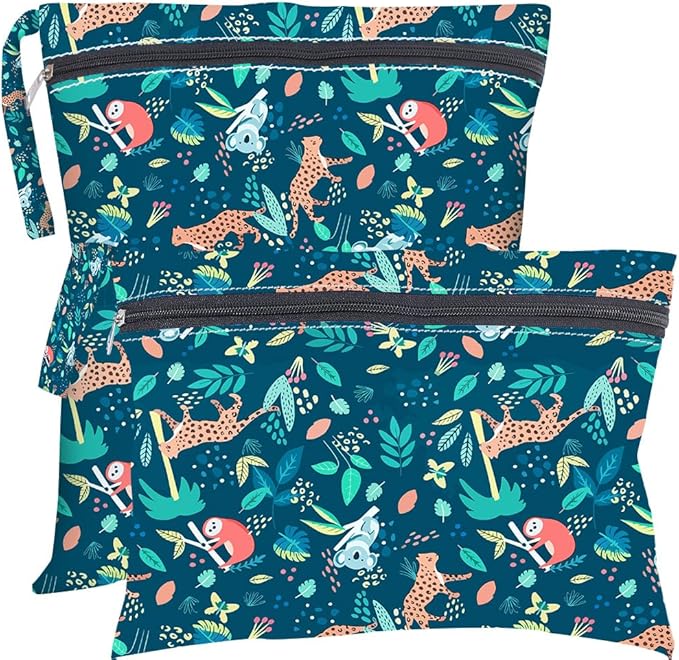 2Pcs 2 Sizes Animal Print Wet Dry Bag Beach Wet Bags Forest Pattern Polyester Waterproof Sandproof Reusable Storage Zipper Pouches for Friends Swimsuit Travel Dirty Diaper Clothes Gifts