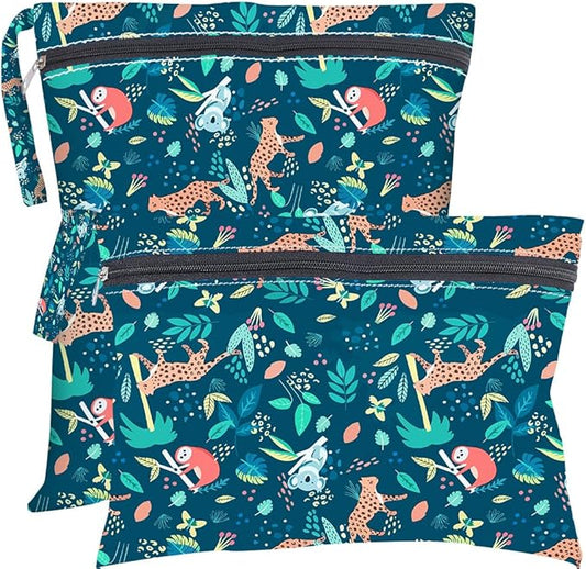 2Pcs 2 Sizes Animal Print Wet Dry Bag Beach Wet Bags Forest Pattern Polyester Waterproof Sandproof Reusable Storage Zipper Pouches for Friends Swimsuit Travel Dirty Diaper Clothes Gifts