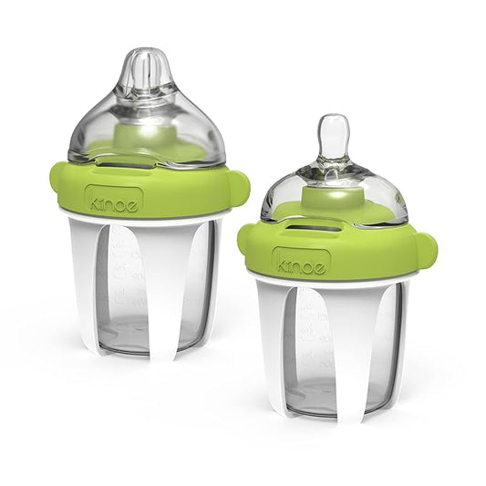 Kiinde Active Latch Silicone Baby Bottle, Anti Colic, Leak Proof, Easy to Clean, Includes 2 Medium Flow Active Latch Nipples with Covers, 4 Ounce, 2 Count, Green