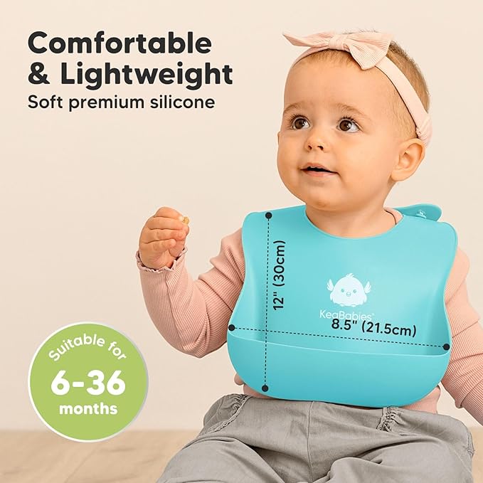 KeaBabies 2-Pack Silicone Bibs for Babies, Toddlers Girl, Boy – Sturdy Food-Grade Baby Bibs for Eating, Large Food Catcher, Clean & Put On Easily, Waterproof Toddler Feeding Essentials (Cloud Nine)